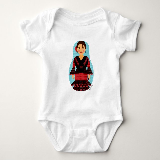 Spanjor Röd Klänning Matryoshka Baby Bodysuit T Shirt (Framsida)