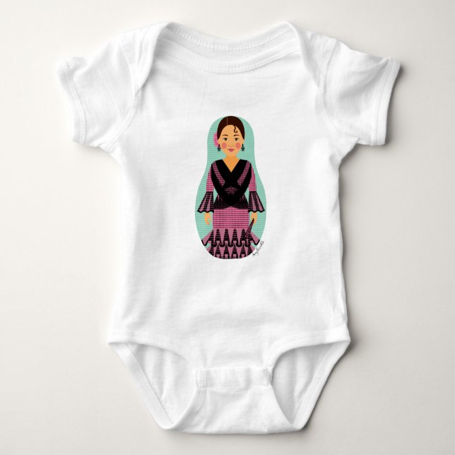 Spanjor Rosa Klänning Matryoshka Baby Bodysuit T Shirt (Framsida)