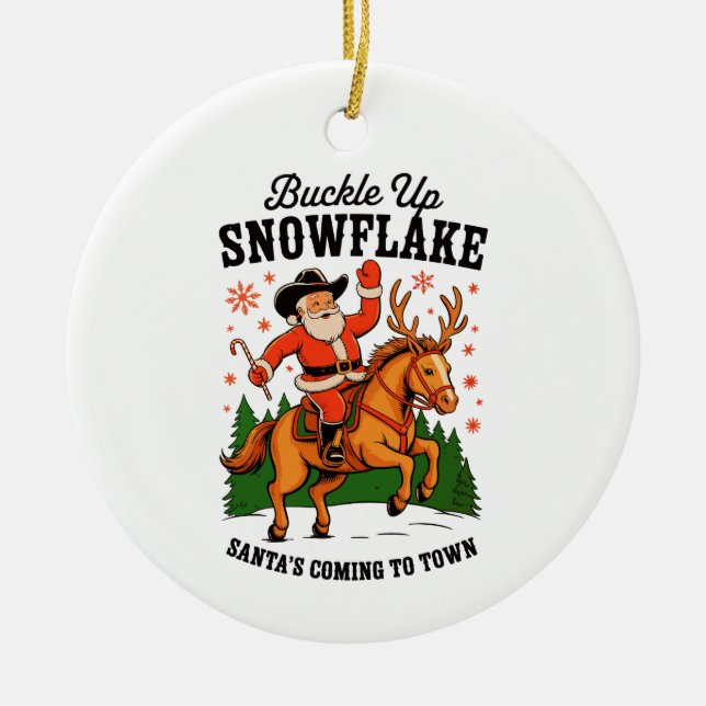 Spänn fast Snöflinga Rodeo Cowboy Tomte Jul Julgransprydnad Keramik (Framsidan)