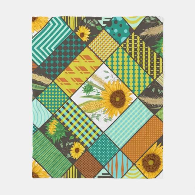 Spannmål, solblommor, geometrisk mönster. fleecefilt (Framsidan)