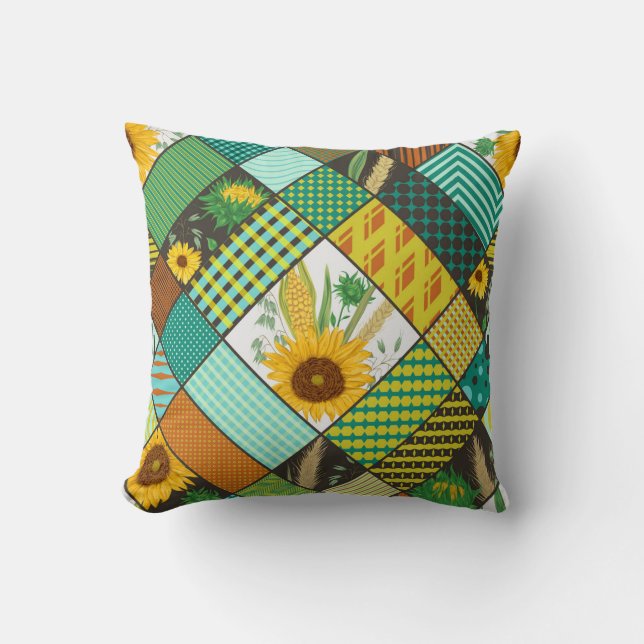Spannmål, solblommor, geometrisk mönster. kudde (Framsida)