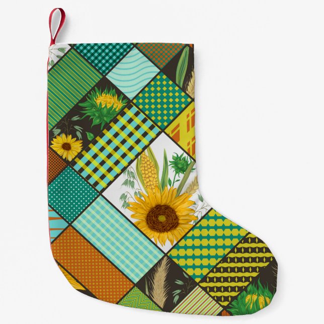 Spannmål, solblommor, geometrisk mönster. liten julstrumpa (Framsidan)
