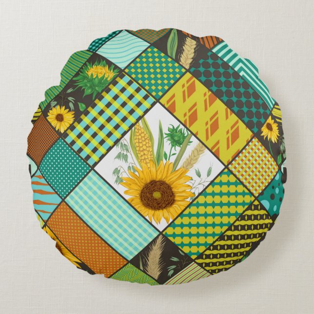 Spannmål, solblommor, geometrisk mönster. rund kudde (Framsidan)