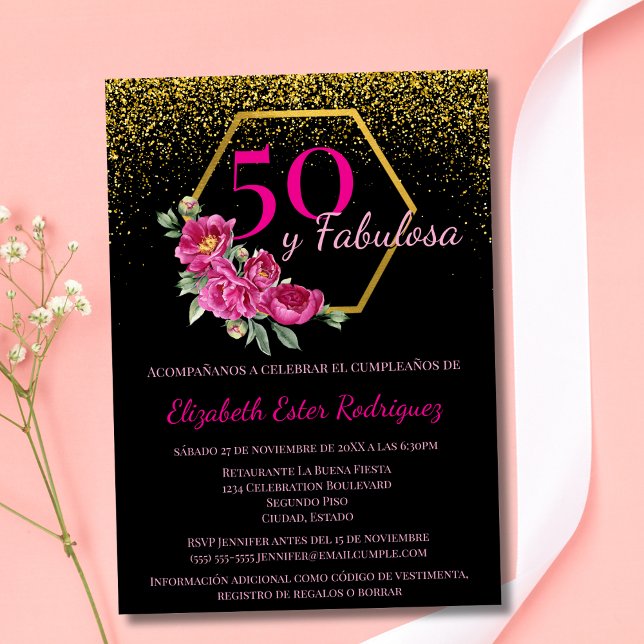Spansk 50 och fantastisk Svart Guld Rosa Chic Blom Inbjudningar (Skapare uppladdad)