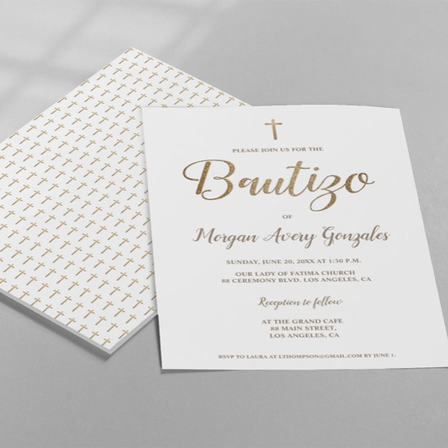 Spansk baptism Guld Kor White Simple Bautizo Inbjudningar (Elegant, Simple Bautizo Spanish Baptism customizable invitation template Gold cross and white design)