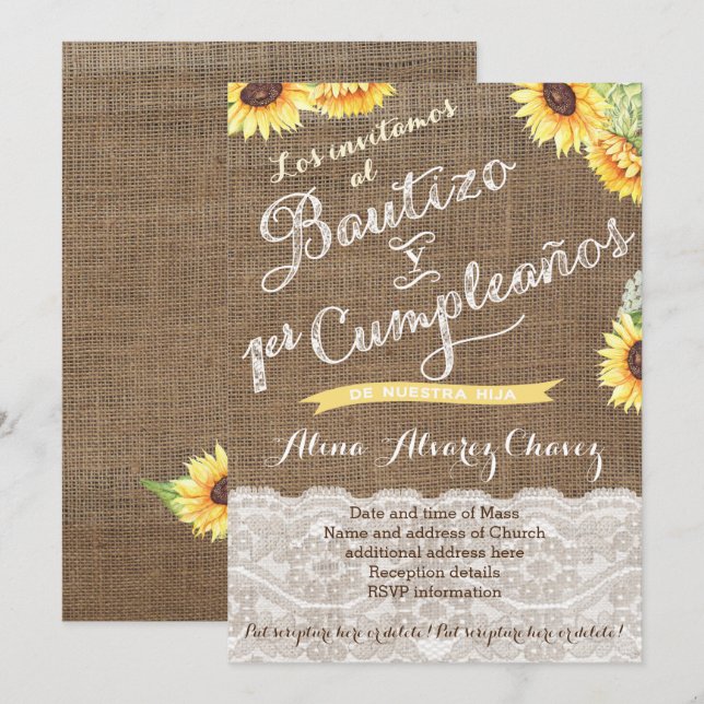 Spansk baptism och första födelsedagen för latina  inbjudningar (Fram/baksida)