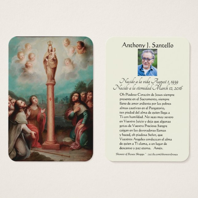 Spansk begraver Mary El Pilar Memorial Prayer Visitkort (Framsida & baksida)