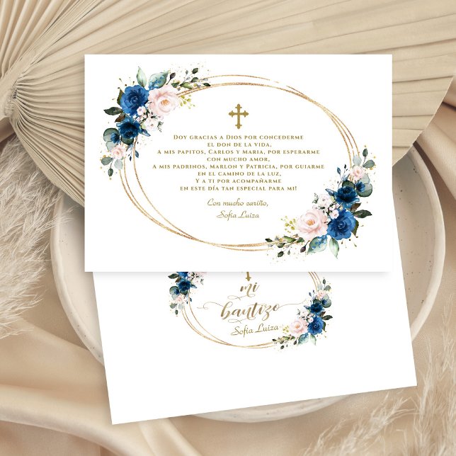 Spansk blå Blommigt Gracias Con Oración Bautizo Tack Kort (boy baptism thank you, mi bautizo blue floral thank you, trendy blue floral baptism thank you)