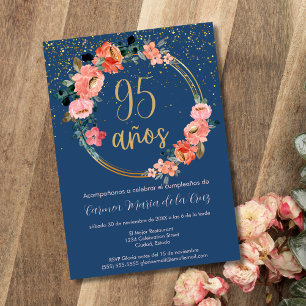 Spansk Blå Elegant Blommig 95-års Födelsedagsfest Inbjudningar