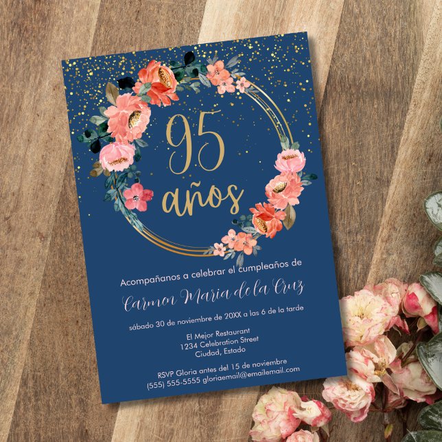Spansk Blå Elegant Blommig 95-års Födelsedagsfest Inbjudningar (Skapare uppladdad)