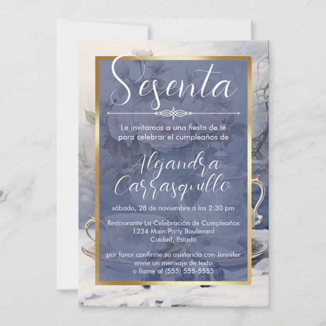 Spansk Blå Elegant Te Party 60-årsdag Inbjudningar (Framsida)