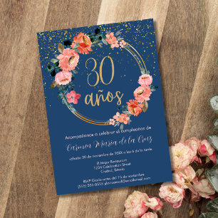 Spansk Blå Guld Chic Blommig 30-års Födelsedagsfes Inbjudningar