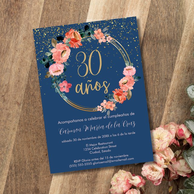 Spansk Blå Guld Chic Blommig 30-års Födelsedagsfes Inbjudningar (Skapare uppladdad)