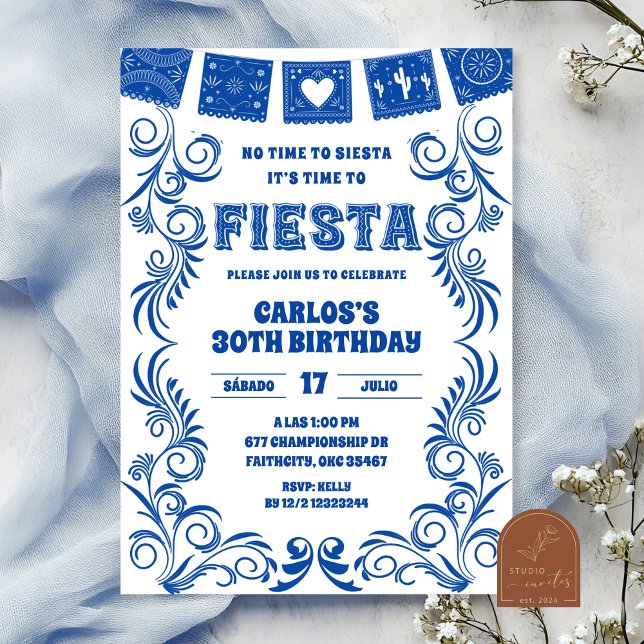 Spansk blå Talavera födelsedagsfiesta Inbjudningar (Skapare uppladdad)