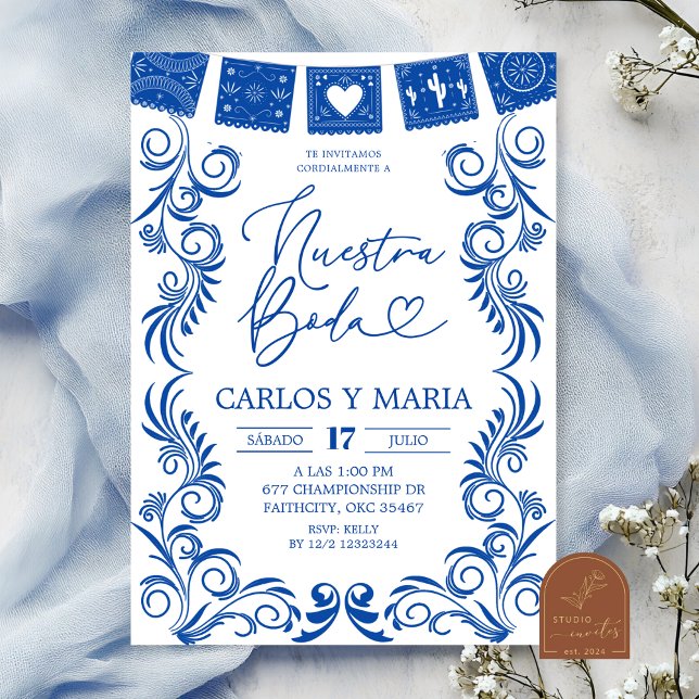 Spansk blå Talavera-ram Nuestra Boda Inbjudningar (Skapare uppladdad)