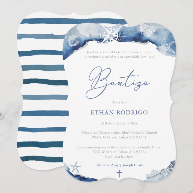 Spansk Boy Baptism Nautical Theme, Bautizo Niño Inbjudningar (Fram/baksida)