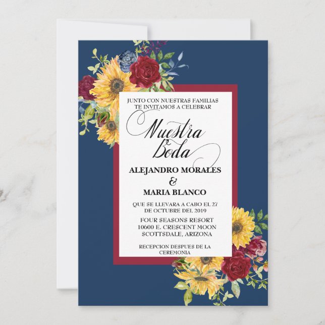 Spansk Bröllops Burgundy Sunflower Nuestra Boda Inbjudningar (Framsida)