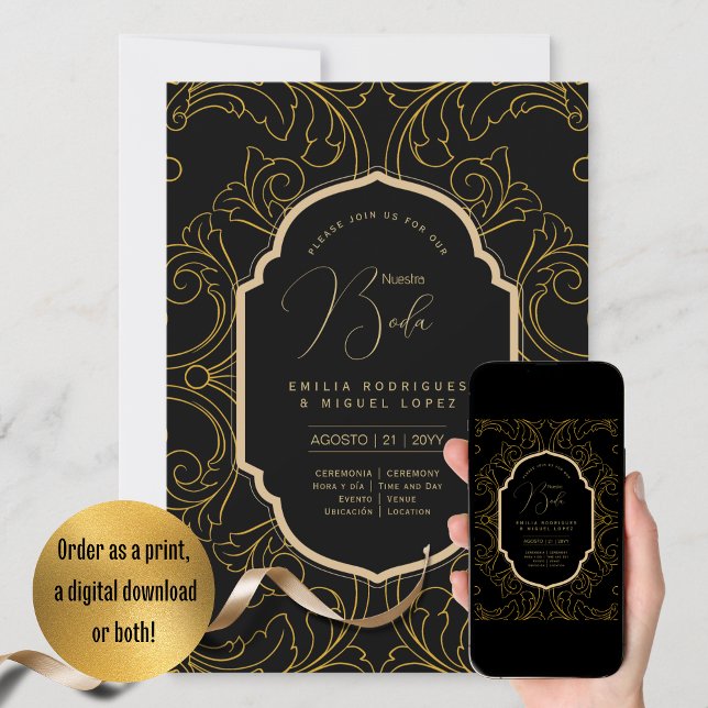 Spansk Bröllopsinbjudan Elegant Svart Guld Bröllop Inbjudningar (Skapare uppladdad)