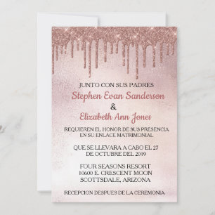 Spansk bröllopsroséguldglitterdropp inbjudningar