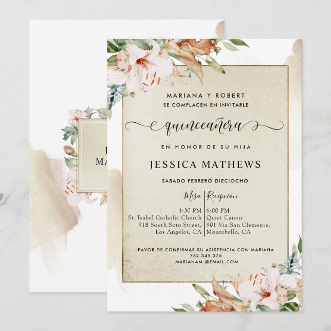 Spansk, Champagne och Rosafärgad Quinceañera Blomm Inbjudningar (Fram/baksida)