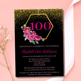 Spansk Charmig Svart Guld & Rosa 100-årsdag Inbjudningar