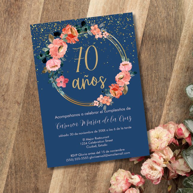 Spansk Chic Blå Rosa Blommig 70-års Födelsedagsfes Inbjudningar (Skapare uppladdad)