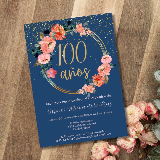 Spansk Chic Elegant Blommig 100-års Födelsedagsfes Inbjudningar (Skapare uppladdad)
