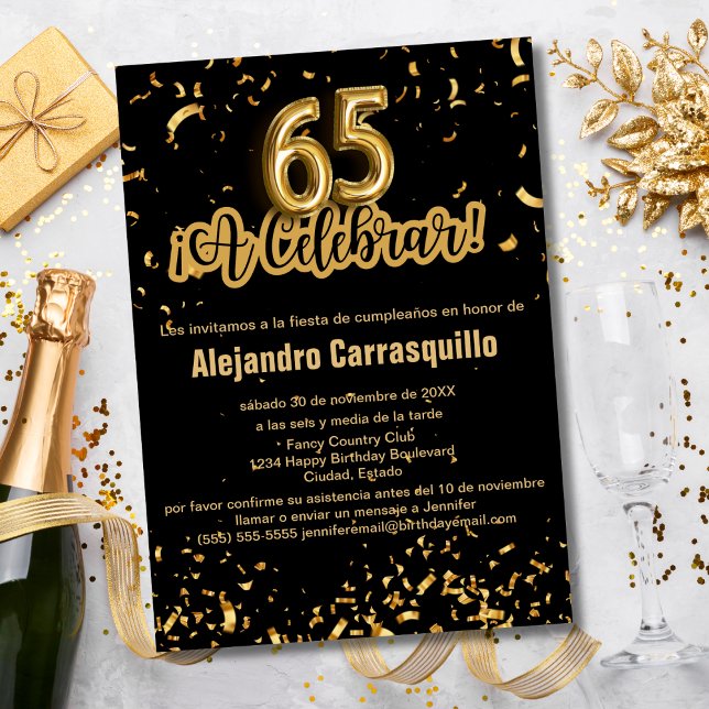 Spansk Chic Svart & Guld Konfetti 65-års Födelseda Inbjudningar (Skapare uppladdad)