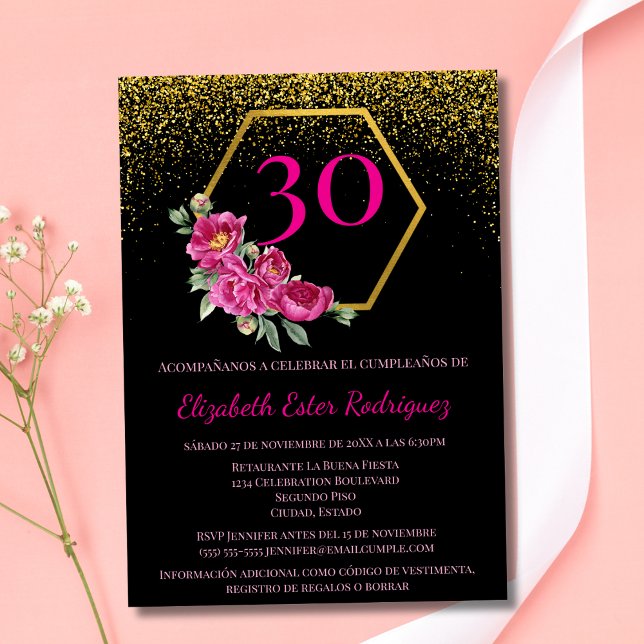 Spansk Chic Svart Guld Rosa 30-årsdag Inbjudningar (Skapare uppladdad)