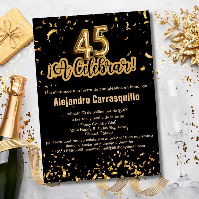 Spansk Chic Svart och Guld Konfetti 45-årsdag Inbjudningar (Skapare uppladdad)