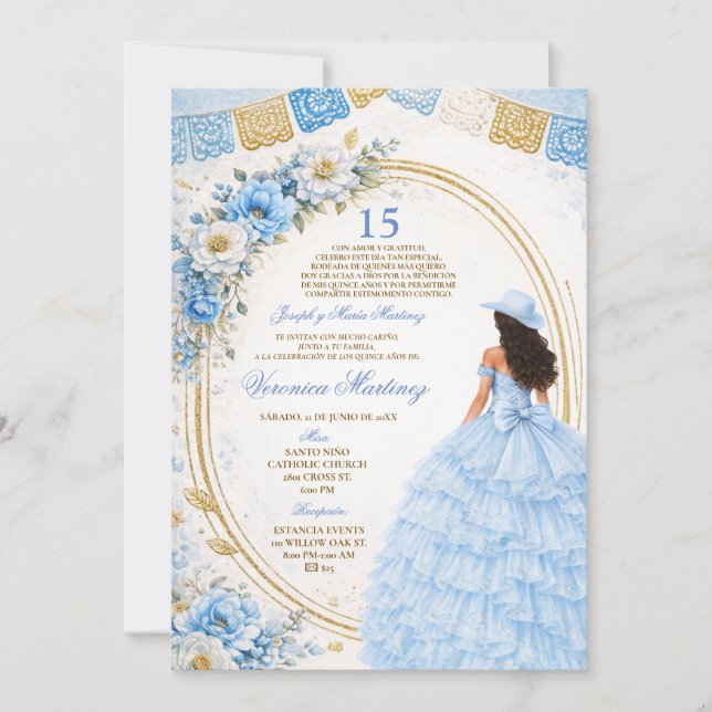 Spansk dammig blå Charra prinsessa 15 år floral Inbjudningar (Framsida)