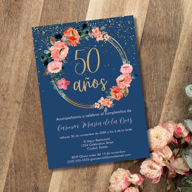 Spansk Elegant Blommig 50-års Födelsedagsfest Inbjudningar (Skapare uppladdad)