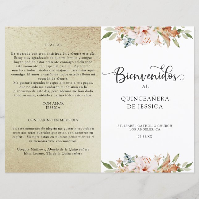 Spansk Elegant Champagne Guld Quinceañera Program (Framsida)