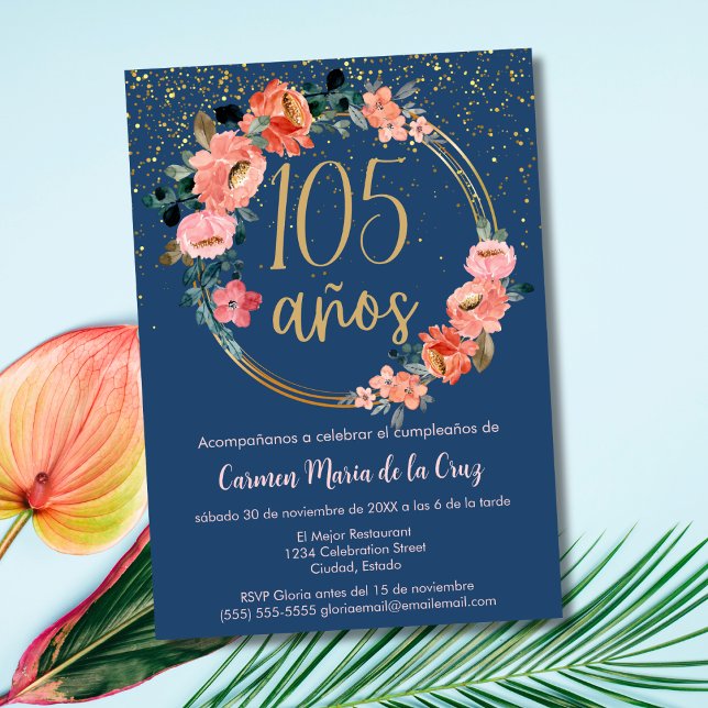 Spansk Elegant Chic Blå Rosa 105-årsdag Inbjudningar (Skapare uppladdad)