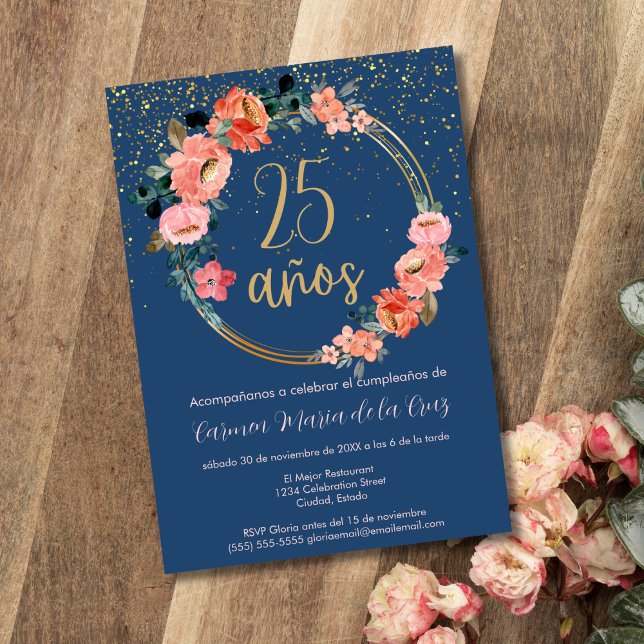 Spansk Elegant Chic Blommig 25-års Födelsedagsfest Inbjudningar (Skapare uppladdad)