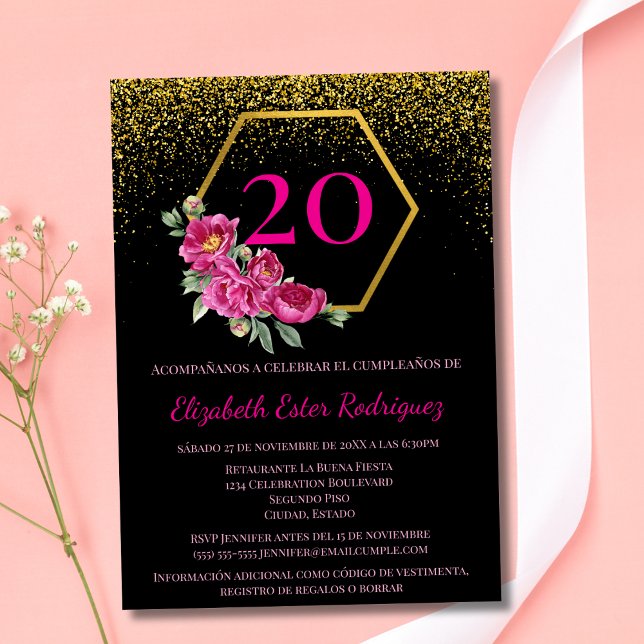 Spansk Elegant Svart Guld Rosa 20-årsdag Inbjudningar (Skapare uppladdad)