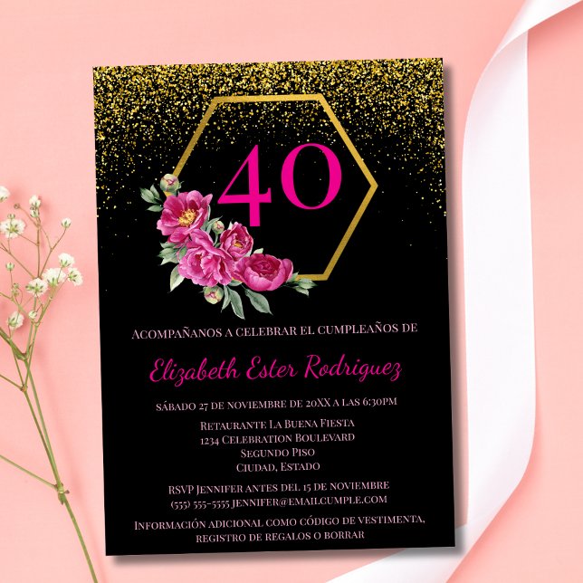 Spansk Elegant Svart & Guld Rosa 40-års Födelsedag Inbjudningar (Skapare uppladdad)