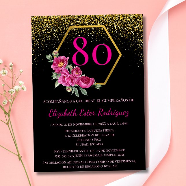Spansk Exklusiv Svart Guld & Rosa 80-årsdag Inbjudningar (Skapare uppladdad)
