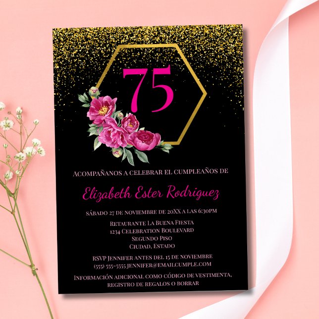 Spansk fantastisk svart guld och rosa 75-årsdag inbjudningar (Skapare uppladdad)