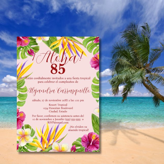 Spansk Färgrik Rosa Aloha Hawaiiansk 85-årsdag Inbjudningar (Skapare uppladdad)
