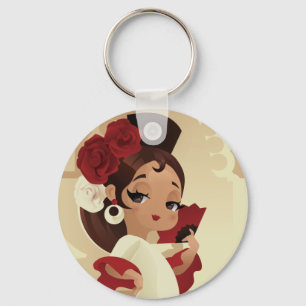 Spansk flamenco festive Chibi tecknad Girl Nyckelring