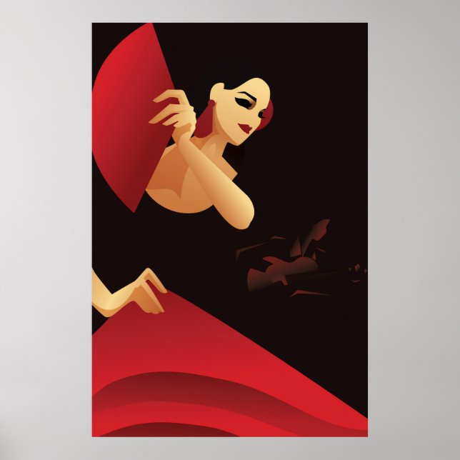 Spansk flamenkodansare med fläkt. black and red poster (Framsidan)