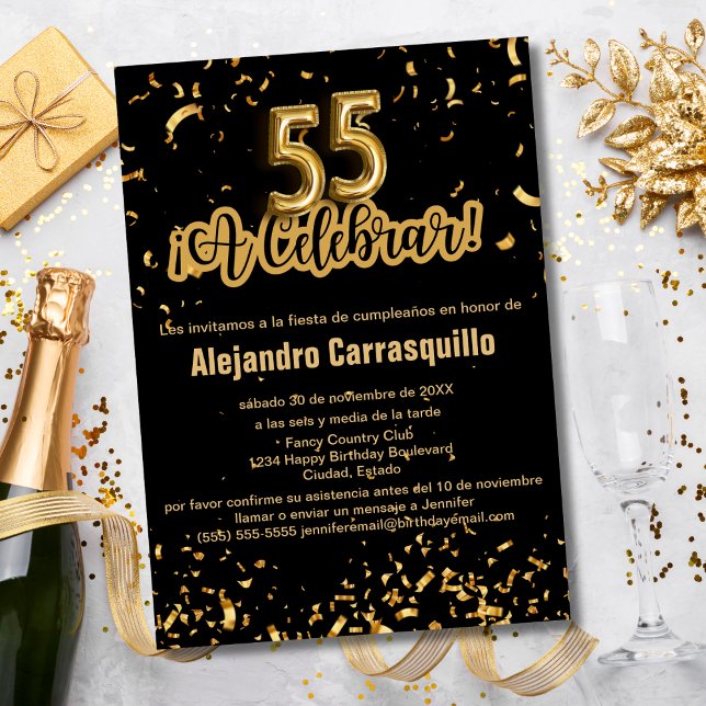 Spansk Glam Svart & Guld Konfetti 55-års Födelseda Inbjudningar (Skapare uppladdad)