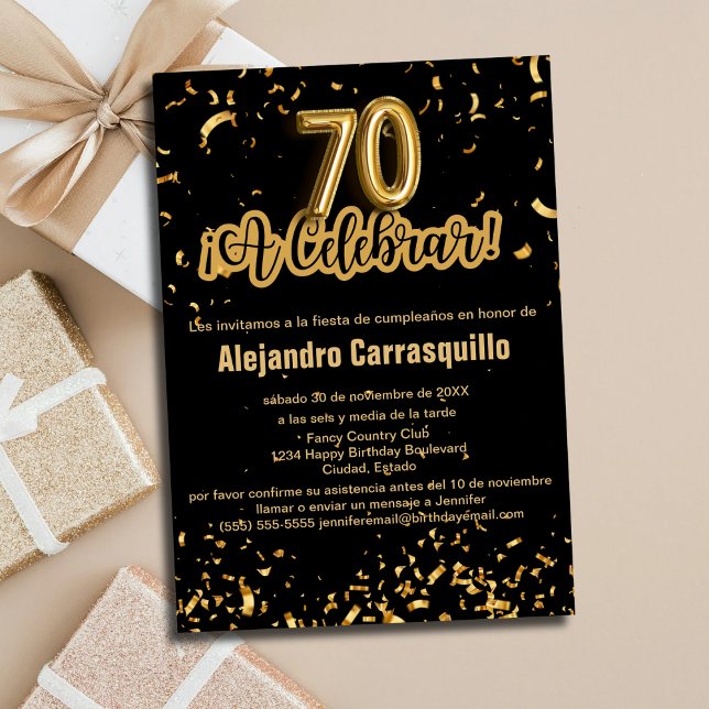 Spansk Glamour Svart & Guld Konfetti 70-års Födels Inbjudningar (Skapare uppladdad)