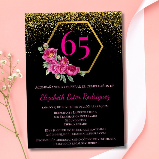 Spansk Glamourös Svart Rosa 65-årsdag Inbjudningar (Skapare uppladdad)