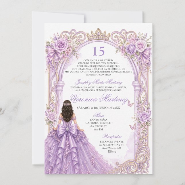 Spansk Glitter Lila Blommig Prinsessa Bow 15 År Inbjudningar (Framsida)