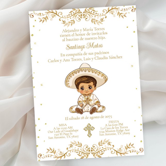 Spansk guld Charro-dop Inbjudningar (Gold charro baptism invitation. Simply add your event details. Background color can be changed.)