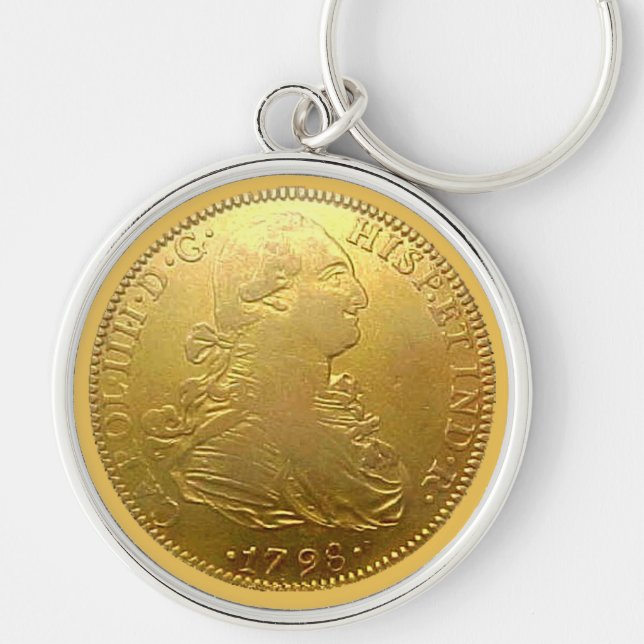 Spansk guld- Doubloon högvärdiga Keychain för Faux Rund Silverfärgad Nyckelring (Framsidan)