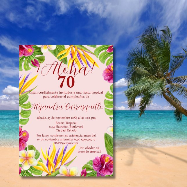 Spansk hawaiiansk rosa Aloha färgglad 70-årsdag Inbjudningar (Skapare uppladdad)