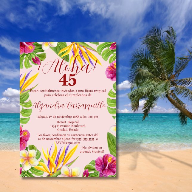 Spansk hawaiiansk rosa Aloha Luau 45-årsfest Inbjudningar (Skapare uppladdad)
